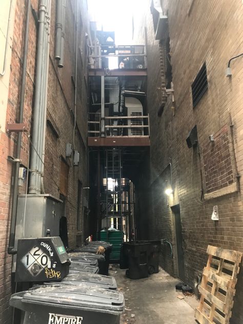 Alleyway viewed striaght on, trash bins, brick wall, pipes, floor and sky view Dingy Alleyway, Brick Alleyway, Rundown Apartment Building, Sketchy Alleyway, Anime Alleyway, Alleyway Reference, New York Alleyway, Alleyway Background, Nyc Alleyway