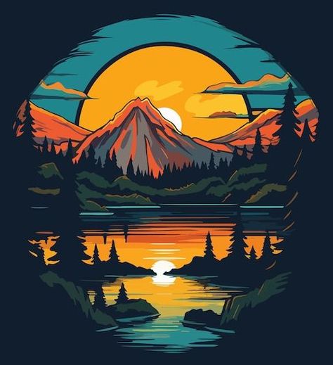 Vector the mountain in the lake art prin... | Premium Vector #Freepik #vector Vector Art Poster, Cool Vector Art, Lake Logo Design Ideas, Mountain Vector Art, Premium Vector Art, Graphic Design Art Artworks, Logo Designs Ideas, Mountain Vector Illustration, Mountains Art Painting