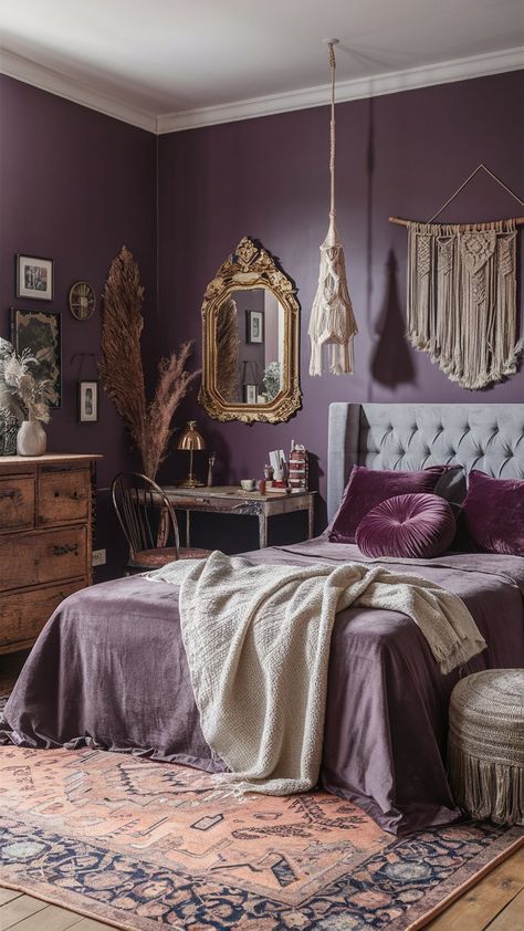 Modern Purple Boho Bedroom Ideas: Statement Walls and Art Grey And Dark Purple Bedroom, Victorian Purple Bedroom, Smokey Purple Bedroom, Purple Bedroom Palette, Purple And Orange Boho Bedroom, Colorful Boho Bedroom Jewel Tones, Room Color Ideas Purple, Light Purple Walls Bedroom Ideas, Purple Wall Room Ideas Bedrooms