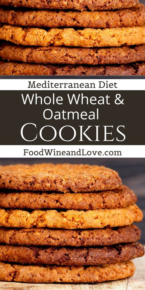 Whole Wheat Oatmeal Cookies, Mediterranean diet friendly cookie dessert recipe that is perfect for holiday baking or snacking on any time! Whole Wheat Mediterranean Bread, Rad Diet Recipes, Mediterranean Diet Crackers, Mediterranean Diet Baking Recipes, Mediterranean Diet Recipes Desserts, Dash Diet Desserts, Mediterranean Diet Oatmeal, Mediterranean Diet Snacks Ideas, Mediterranean Diet Bread