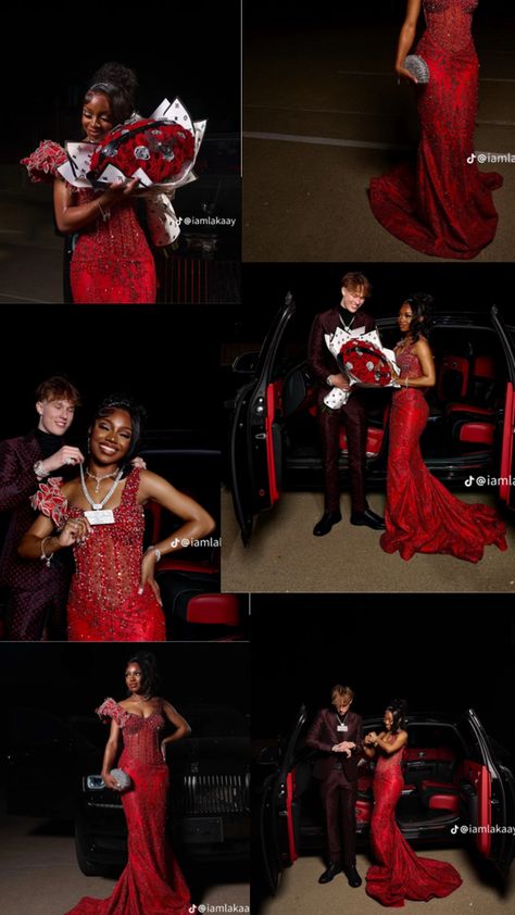 Red African Prom Dress, Red Prom Black Couple, Red Prom Theme, Red And Black Prom Couples, Red Prom Dress Black Women, Prom Outfits Couples, Prom Ideas Black Couples, Prom Picture Poses Single, Prom Couples Black People