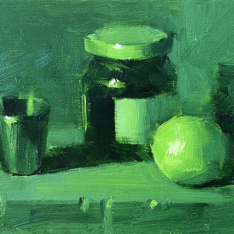 Qiang Huang on Instagram: “I did another monochromatic still life study. Today's color is green. The colors I have used for this one is sap green, cadmium green pale…” Green Monochromatic Painting, Monochromatic Still Life, Monochromatic Art Painting, Natural Form Artists, Monochrome Still Life, Green Still Life, Arts References, Green Study, Monochromatic Watercolor