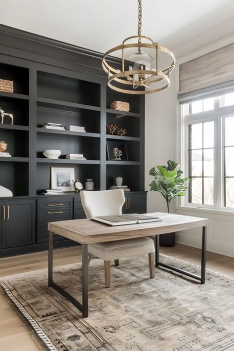 Home Office Ideas Built In Shelves, Study Room Farmhouse, Office Moody Design, Male Office Design, Large Home Office Design, Black Furniture Office Decor, Home Design Studio Office, Home Office Built In Shelves, 12x12 Office Design