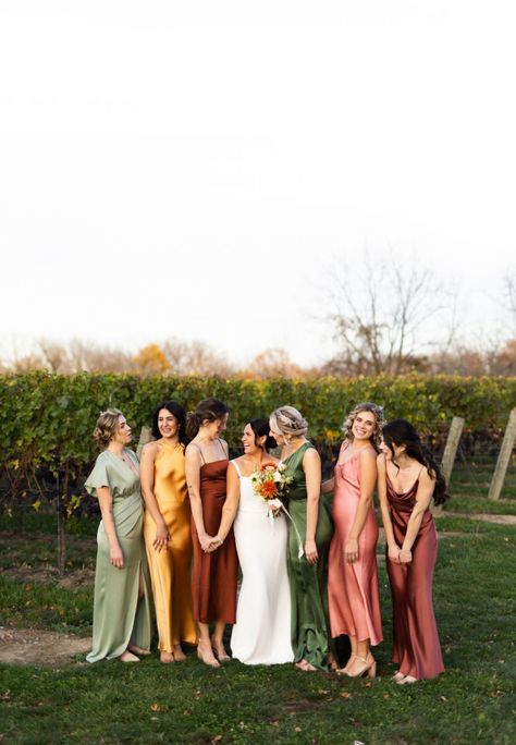 Bridesmaid dress inspo Fall Bridesmaid Palette, Fall Wedding Colors Bridesmaids, Nature Inspired Bridesmaid Dresses, Autumn Wedding Colors Bridesmaid Dress, Fall Color Palette Bridesmaids, Color Pallete Bridesmaid Dresses, Mismatched Bridesmaid Dresses Color Palette, Mix And Match Bridesmaid Dresses Autumn, Satin Bridesmaid Dresses Mismatched