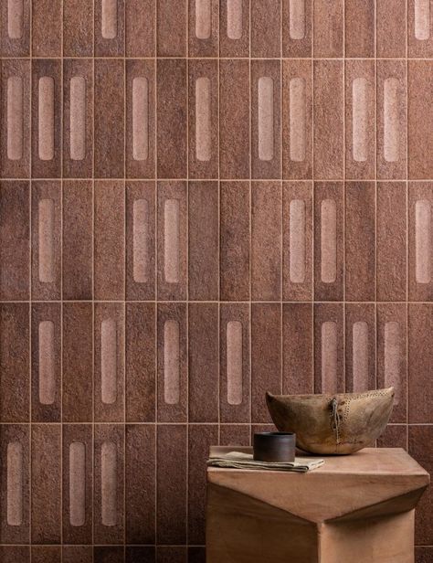 This unique shape and size is a beautiful new color and style to us Tile Paneling Wall, Rust Decor, Terracotta Texture, Graphic Tile, Panelling Ideas, Wall Tile Texture, Brick Slips, Brick Wall Texture, Rust Colour