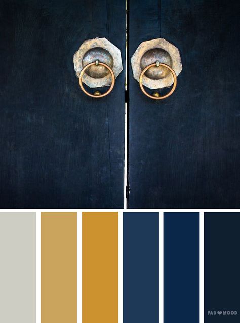 blue and gold color scheme ,color palette inspired by old door - Looking for color inspiration? At fab mood you will find 1000s of beautiful color palette, color palette inspired by nature,landscape ,food ,season Blue And Gold Color Scheme, Navy Kitchen, Gold Color Palettes, Paint Color Schemes, Kitchen Colour Schemes, Color Schemes Colour Palettes, Blue Inspiration, Gold Color Scheme, Room Color Schemes