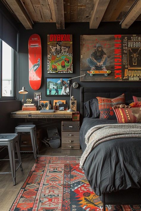 29 Street Style Bedroom Ideas for an Edgy and Urban-Inspired Sanctuary 9 Skate Room Aesthetic, Interesting Bedrooms, Grunge Home Decor, Home Decor Ideas Men, Mens Bedroom Decor, Chill Room, Bedroom Setup, Room Redesign, Apartment Decor Inspiration