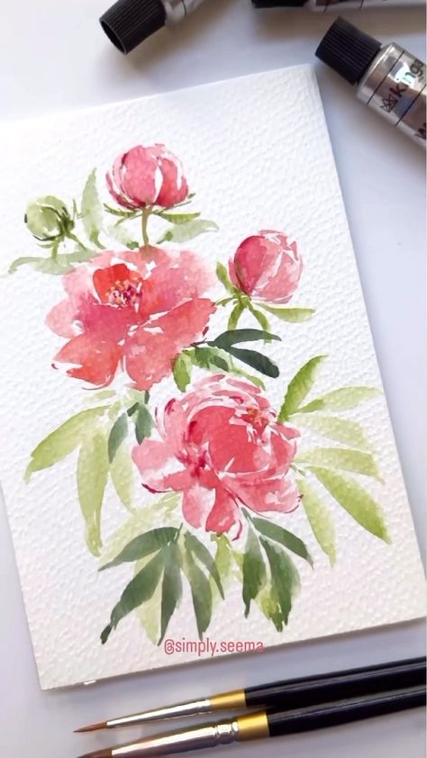 Abstract Watercolor Paintings Tutorials, Loose Watercolor Paintings, Easy To Paint, Painting Flowers Tutorial, Learn Watercolor Painting, Artist Watercolor, Watercolor Flowers Tutorial, Peony Painting, Watercolor Paintings For Beginners