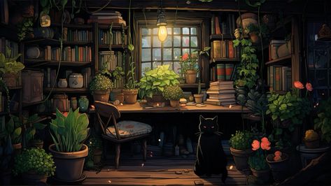 cozy bookstore art with a black cat, plants Cozy Bookstore, Vintage Desktop Wallpapers, Notion Ideas, Cottagecore Wallpaper, Notion Aesthetic, Pc Desktop Wallpaper, Hd Wallpapers For Laptop, 2560x1440 Wallpaper, Wallpaper Macbook