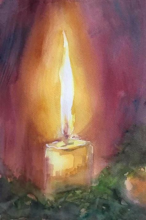 Candle Painting Watercolor, Christmas Candle Watercolor, Watercolor Christmas Candles, Watercolor Candles Painting, Candle Art Drawing, Candle Painting Art, Watercolor Candle, Candle Watercolor, Watercolor Candles