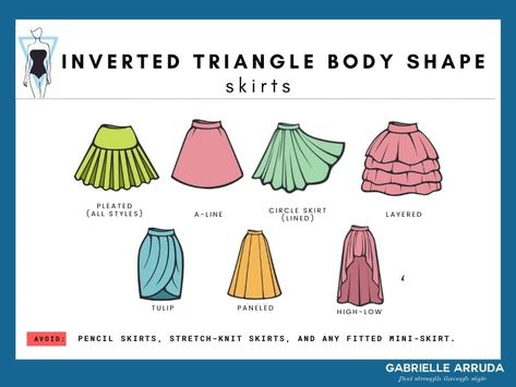 You know you’re an inverted triangle body type but you’re not sure what to do with that information? Well, this your comprehensive style for the inverted triangle. Including how to build a wardrobe for the inverted triangle, inverted triangle outfits, dresses for inverted triangle body shape and more. Inverted triangle fashion doesn’t have to be hard with this style guide. Learn to dress better and find your style and outfit for an inverted triangle body shape. Build a wardrobe | tips to dress How To Dress An Inverted Triangle Body Shape, Fashion For Inverted Triangle, Skirt Inverted Triangle, Inverted Triangle Skirt Outfits, Skirt For Inverted Triangle, Tall Inverted Triangle Outfits, Plus Size Inverted Triangle Outfits, Inverted Triangle Skirts, Triangle Body Type Outfits