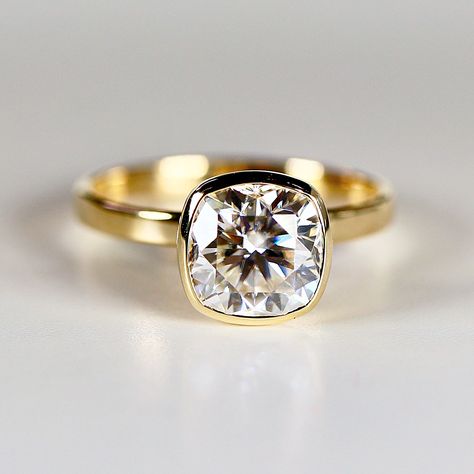 Redlands California, Cushion Cut Moissanite Engagement Ring, Moissanite Engagement Ring Cushion Cut, Gold Ring Band, Half Bezel, Cushion Cut Moissanite, Small Workshop, Topaz Jewelry, Jewelry Workshop