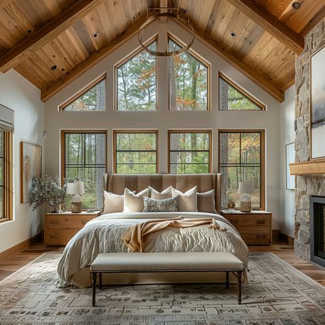 25+ Stunning Master Bedroom Decoration Ideas 20 Cabin Style Bedroom Master Suite, Modern Cozy Bedroom Master Suite, Cabin Primary Bedroom, Modernized Log Cabin, Two Story Master Suite, Modern Farmhouse Master Suite, Lake House Master Suite, Primary Bedroom With Fireplace, Modern Farmhouse Bedroom Master Suite Vaulted Ceilings