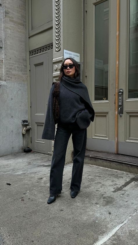 Linh Niller Skvortsova | a cardigan and scarf in one 🤌🏽 so good @thebazilika | Instagram Oversized Scarf Outfit, Scarf Outfit, Jane Birkin, Oversized Scarf, Black Scarf, Blanket Scarf, Winter 2024, Fall Outfits, Jumper