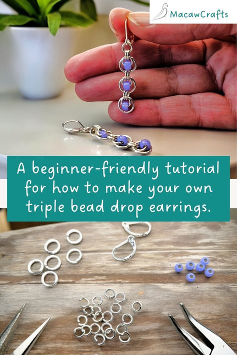 How to Make Triple bead Drop Earrings with Seed Beads and Jump Rings Earring Making For Beginners, Diy Earring Findings, Jewellery Making Earrings, Bead Drop Earrings Diy, Beaded Jewellery Tutorial, Beading Tutorials Beginner, Earring Making Ideas Diy Jewelry, Easy Jewelry Making Ideas Step By Step, Diy Earrings Easy Simple