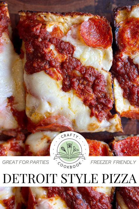 Detroit Style Pizza Best Detroit Style Pizza Dough, Easy Detroit Style Pizza Recipe, Detroit Pizza Dough Recipe, Homemade Detroit Style Pizza, Jets Pizza Copycat, Chicago Style Pizza Recipe, Detroit Pizza Dough Crust Recipe, Detroit Pizza Dough, Brick Oven Pizza Dough