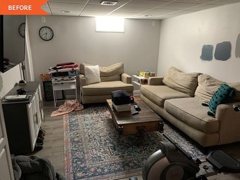 Basement Redo with Navy Paint - Before and After Photos | Apartment Therapy Basement Makeover Before And After, Small Cozy Basement, Basement Apartment Ideas Room Layouts, Small Basement Ideas Layout, Small Basement Ideas Cozy, Small Finished Basements, Basement Tv Rooms, Gray Basement, Basement Paint Colors