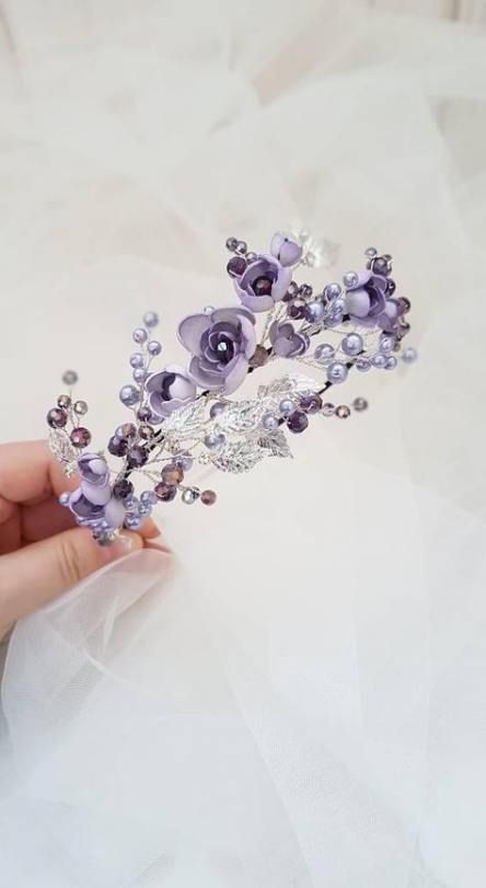 Lavender Tiara, Hairstyles Flowers, Tiara Floral, Wedding Hairstyles With Crown, Tiara Silver, Beaded Headpiece, Flowers Lavender, Floral Tiara, Crown Silver