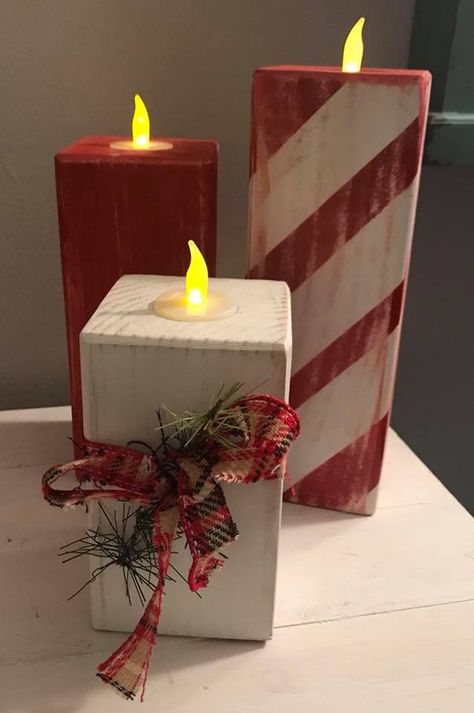 Diy Holiday Wood Crafts, Christmas T Light Holders, Scrap Wood Holiday Projects, Chunky Wood Candle Holders, Wood Projects Holidays, Christmas Wood Candle Holders, Christmas Crafts With Blocks Of Wood, Easy Diy Wood Crafts To Sell, Christmas Wood Blocks Diy Craft Ideas