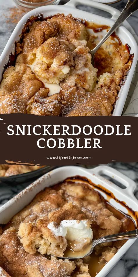 Snickerdoodle Cobbler Snickerdoodle Cream Cheese Cobbler, Brown Butter Snickerdoodle Cobbler, Desserts To Go With Ice Cream, Cinnamon Cobbler Recipes, Snickerdoodle Casserole, Snickerdoodle Cobbler Easy, Apple Snickerdoodle Cobbler, Casserole Dish Desserts, Quick Easy Treats To Make At Home