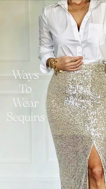 Sequin Shirt Outfit Party, Sequin Skirt And Western Boots, Skirt With Sequins Outfit, Outfits With Sparkly Skirts, Classy Sequin Outfit, Sequin Skirt And Shirt, Tshirt With Sequin Skirt, Sequin Skirt White Shirt, Green Sequin Skirt Outfit Ideas