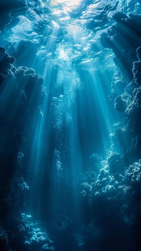 This is an underwater picture. The deep blue water is crystal clear ->> more details in ai-img-gen.com Cristal Clear Water, Beautiful Underwater Pictures, Swimming Underwater Aesthetic, Ocean Deep Underwater, Blue Pictures Aesthetic, Half Underwater Photography, Water Aesthetic Blue, Underwater Sunlight, Under Water Aesthetic