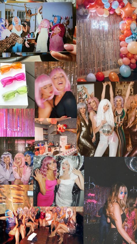 Wig Party Theme, Party Theme Aesthetic, Hens Night Theme, Fun Bachelorette Themes, Hens Party Themes, Barbie Bachelorette, Bachelorette Inspo, Disco Theme, Vegas Bachelorette