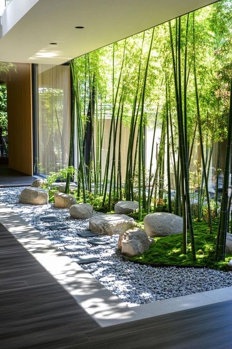 Zen Bamboo Garden, Architectural Garden Design, Zen Garden In House, Japanese Garden Modern, Modern Japanese Inspired Home, Zen Outdoor Garden, Japanese Living Room Ideas Modern, Japanese Garden Courtyard, Zen Home Interior