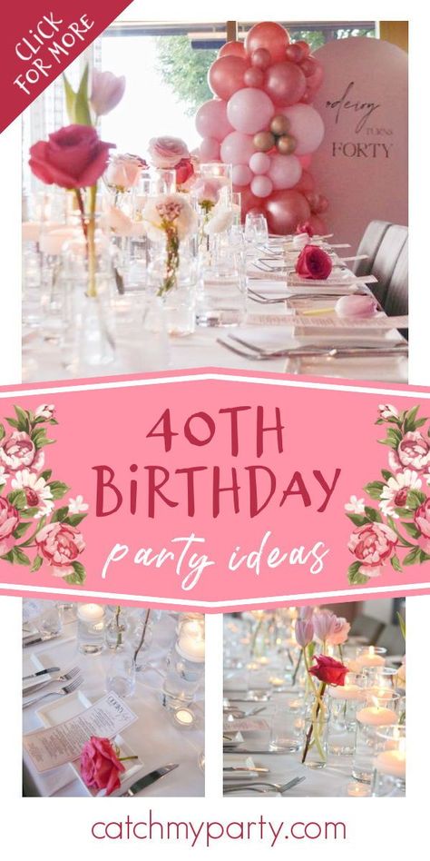 Take a look at this beautiful pink 40th birthday party! The table settings are gorgeous! See more party ideas and share yours at CatchMyParty.com Floral 40th Birthday Party Decorations, 40 Birthday Centerpieces For Women, Feminine Birthday Party Ideas, Feminine 40th Birthday Party, Floral 40th Birthday Party, Pretty In Pink 40th Birthday Party, Pink Themed 40th Birthday Party, Women Birthday Centerpieces, Pink Theme Table Setting