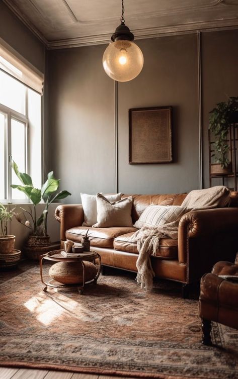 36 Leather Sofa Living Room Ideas for Timeless Elegance | Deco Trends 2024 - placeideal.com Leather Sofa Living Room Ideas, Dark Brown Leather Sofa, Sofa Living Room Ideas, Leather Sofa Living, Lounge Room Design, Brown Sofa Living Room, Moody Living Room, Earthy Living Room, Leather Sofa Living Room