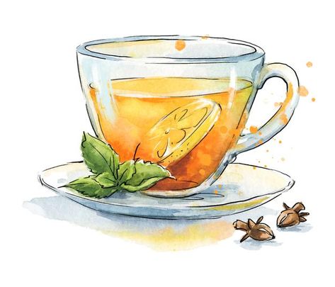 Tea Watercolor Painting, Watercolor Water Painting, Green Tea Drawing, Tea Art Drawing, Tea Cup Sketch, Tea Illustration Art, Watercolor Art Food, Tea Leaves Illustration, Transparent Mug