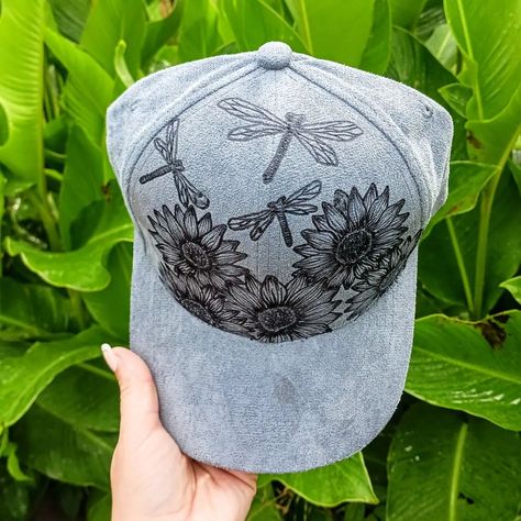 A client asked for 2 hats both with sunflowers and dragonflies. They came out so perfect I love them! . . . . #hatburning #burnedhat #customhat #sunflowers #Dragonfly Burned Ball Cap, Burnt Hat, Cowboy Hat Design, Hat Burning, Hat Design, Custom Hats, Dragonflies, Cowboy Hat, Ball Cap