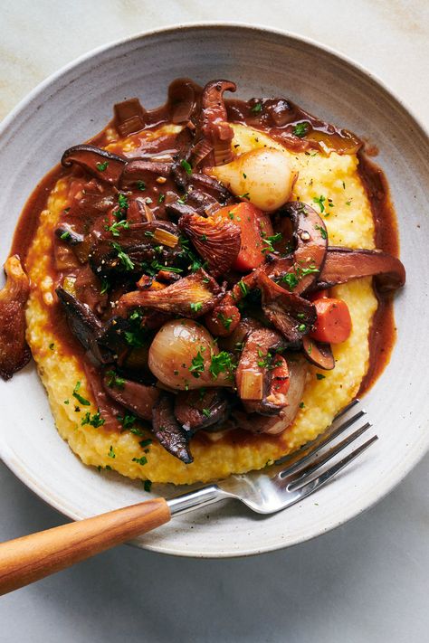 Mushroom Bourguignon Recipe - NYT Cooking Mushroom Bourguignon, Meal Prep Plans, Nyt Cooking, God Mat, Spaghetti Squash, Grits, Polenta, Soups And Stews, Beef Recipes