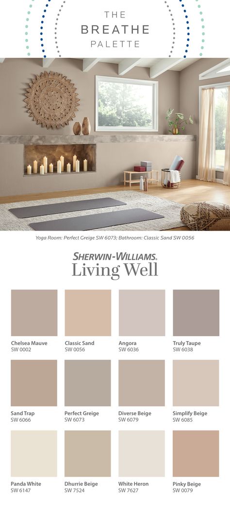 Sw 6036 Angora, Light Taupe Paint Color Living Room, Light Stone Paint Color, Cozy Light Paint Colors, Relaxing Interior Paint Colors, Boho Colors Sherwin Williams, Hygge Paint Colors Sherwin Williams, Cream And Gray Color Palette, Beauty Room Paint Colors