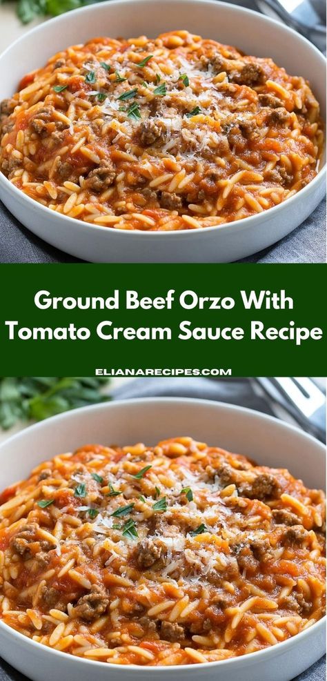 Need a simple yet delicious dinner idea? This Ground Beef Orzo With Tomato Cream Sauce is an easy one-pot dish that brings warmth and satisfaction to the table, ideal for family gatherings. Beef Orzo, Creamy Ground Beef, Ground Recipes, Cream Sauce Recipe, Tomato Cream Sauce, Orzo Recipes, Cream Sauce Recipes, Beef Casserole Recipes, Dinner With Ground Beef