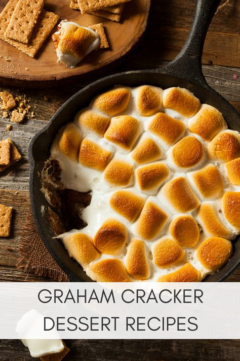 Recipes that use graham crackers. Dessert recipes with graham crackers. #dessertrecipe #grahamcrackers #dessert #sweets #easydessert #easyrecipe Skillet Smores, Graham Cracker Recipes Desserts, Smores Dip Recipe, Homemade Smores, Skillet Dip, Graham Cracker Dessert, Cracker Dessert, Easy Smores, Smores Dip