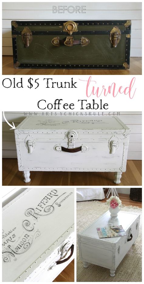 SO Easy!! $5 Old Trunk Coffee Table , a THRIFY Makeover! - artsychicksrule.com #frenchdecor #frenchgraphics #chalkpaint #trunk Trunk Redo, Trunk Makeover, Metallic Painted Furniture, Muebles Shabby Chic, Trunk Coffee Table, Old Trunks, Coffee Table Trunk, Furniture Rehab, Refurbished Furniture