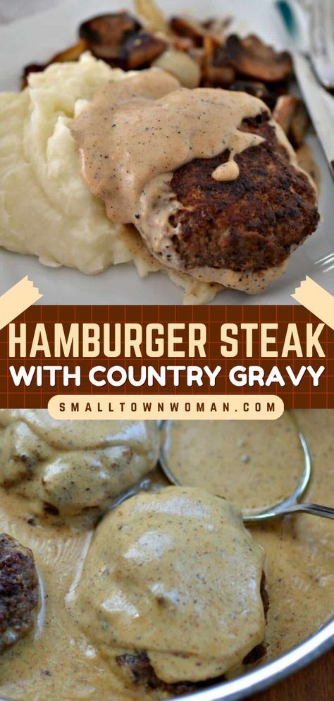 Treat your family to this hamburger steak! Smothered in creamy country gravy, this go-to comfort food is sure to be a hit even with picky kids. Save this homemade dinner recipe to enjoy an easy meal with ground beef on weeknights! Hamburger Recipes, Dinner Beef Recipes, Recipes For Dinner Beef, Hamburger Steak And Gravy, Most Popular Dinner Recipes, Ground Beef Recipe, Country Gravy, Popular Dinner Recipes, Dinner With Ground Beef