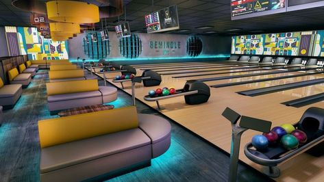 Modern Bowling Alley, Bowling Alley Design, Alley Design, Gold Interior Design, Bowling Design, Bowling Center, Creative Kids Rooms, Conceptual Sketches, Luxury Penthouse