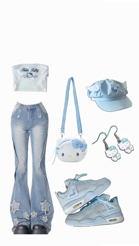 Blue Y2k Outfit, Blue Hello Kitty, Cutesy Outfit, Hello Kitty Clothes, Cute Dress Outfits, 2000s Fashion Outfits, Y2k Outfits, Cute Everyday Outfits, Cute Simple Outfits