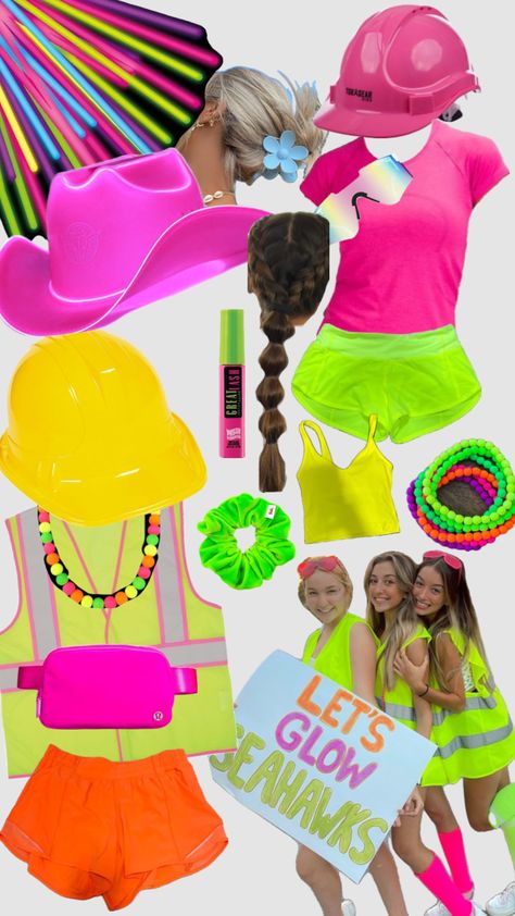 Neon football game student section preppy Football Game Student Section, Neon Football Game, Neon Football, Neon Party Outfits, Football Game Outfit Highschool, School Dance Outfits, Student Section, Fb Games, Spirit Week Outfits