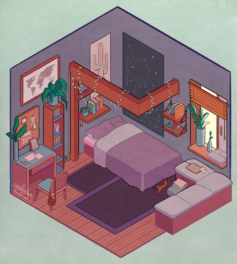 Anime Room Illustration, Drawing Grid, Room Illustration, 달력 디자인, Bedroom Drawing, Isometric Drawing, Bg Design, Procreate Drawing, Trying Something New