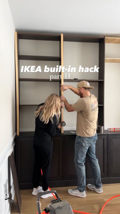 Ikea built-in hack Pt 2🔨 In case you missed it, we used IKEA Havsta cabinets for lowers and (cut) Billie bookcases for uppers. We added … | Instagram Ikea Havsta, Ikea Bookshelf Hack, Built In Wall Shelves, Wood Lattice, Billy Ikea, Ikea Built In, Billy Bookcase Hack, Ikea Office, Ikea Billy Bookcase Hack