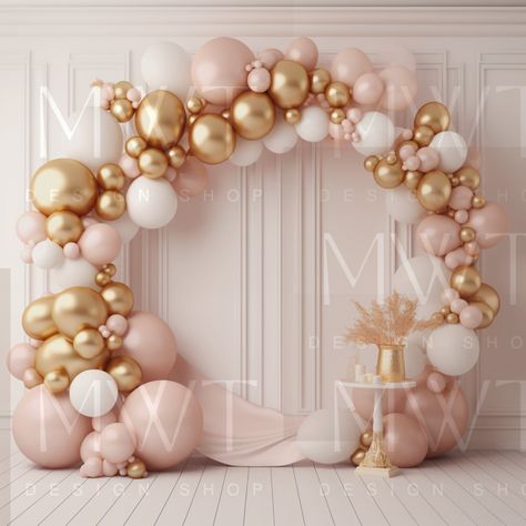 Pink And Gold Balloon Arch Backdrop, Balloon Arch Backdrop Wedding, Birthday Design Decoration, Blush Balloon Arch, Pink And Gold Balloon Garland, Balloon Circle Arch, Arch Balloon Backdrop, Photos Backdrop, Birthday Party Photo Backdrop