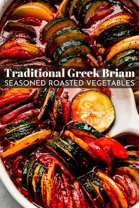 Briam (Greek Roasted Vegetables) Briam Recipe, Seasoned Tomatoes, Greek Roasted Vegetables, Greek Easter Recipes, Potatoes And Zucchini, Greek Side Dishes, Greek Vegetables, Roasted Mediterranean Vegetables, Resep Smoothie