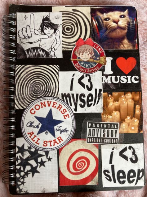 Binder Art Cover, Journal Ideas Aesthetic Cover Page, High School Journal Ideas, Decorating My Journal Cover, How To Decorate Your Journal Cover, Grunge Sketchbook Cover, Messy Journal Aesthetic Grunge, Grunge Notebook Cover, Grunge Journal Cover