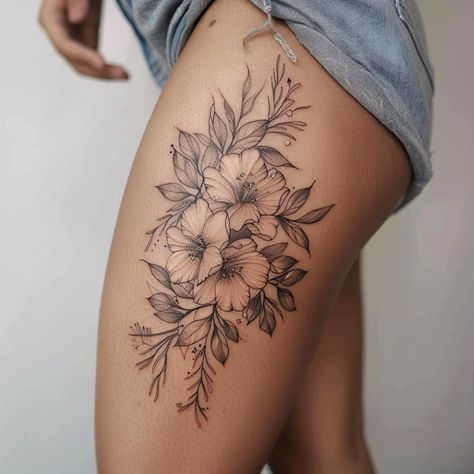 Womens Tattoo Ideas Thigh, Floral Tattoo Upper Thigh, Wild Flower Tattoo Thigh, Outer Thigh Tattoo Women, Thigh Tattoo Placement Ideas, Tattoo Ideas Female Thigh Flowers, Women’s Thigh Tattoos Big, Elegant Thigh Tattoos For Women, Women’s Top Thigh Tattoo Ideas