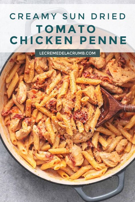 Penny Pasta Recipes, Creamy Spicy Sun Dried Tomato Pasta, Spicy Sundried Tomato Pasta, Mini Penne Pasta Recipes, Chicken Penne Pasta, Sundried Tomato Chicken, Sundried Tomato Pasta, Chicken Pasta Dishes, Chicken Penne