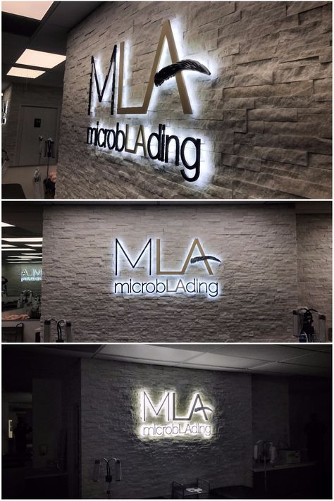 indoor sign that reads "MLA" with "microbLAding" underneath. Light is coming out of the back of the letters and shining onto a stone wall. Company Logo Wall, Bar Restaurant Design, Architecture Restaurant, Outdoor Logo, Lobby Sign, Medical Office Design, Office Signage, 3d Business, Backlit Signs