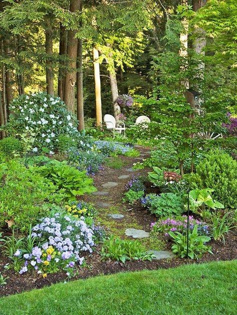 Two Men and a Little Farm: WOODLAND LANDSCAPING, INSPIRATION THURSDAY Shade Landscape, Small Cottage Garden Ideas, Shade Garden Design, Backyard Pond, Pond Ideas, Gardening Design, Pergola Ideas, Stone Path, Have Inspiration